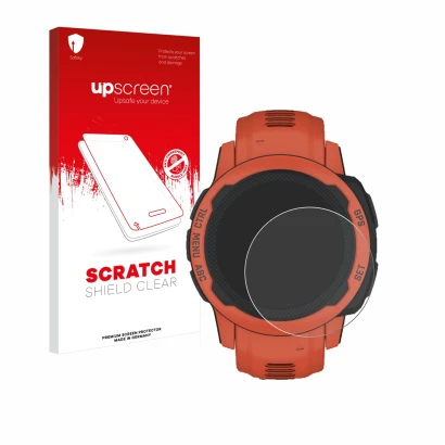 Parte frontal de un envase de producto con el logotipo de la marca upscreen. Al lado se muestra el dispositivo Garmin Instinct