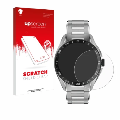 Parte frontal de un envase de producto con el logotipo de la marca upscreen. Al lado se muestra el dispositivo TAG Heuer Conne
