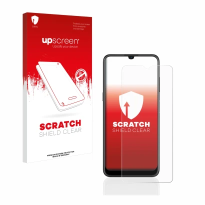 Parte frontal de un envase de producto con el logotipo de la marca upscreen. Al lado se muestra el dispositivo Nokia G21 con s