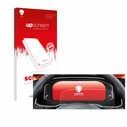 Parte frontal de un envase de producto con el logotipo de la marca upscreen. Al lado se muestra el dispositivo Volkswagen Polo