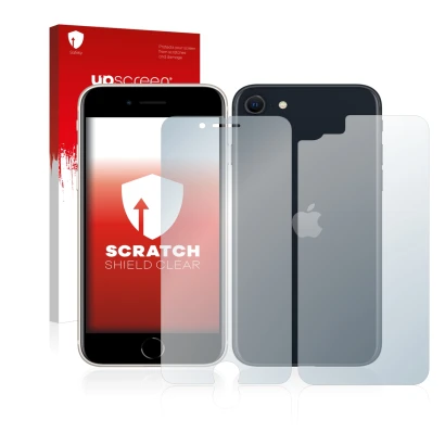 Parte frontal de un envase de producto con el logotipo de la marca upscreen. Al lado se muestra el dispositivo Apple iPhone SE