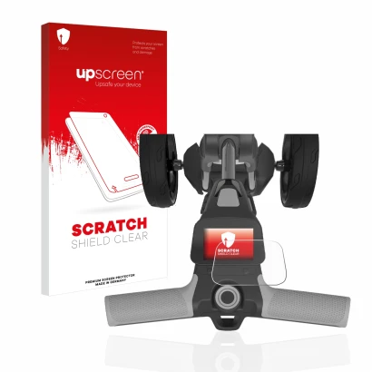 Parte frontal de un envase de producto con el logotipo de la marca upscreen. Al lado se muestra el dispositivo PowaKaddy FX5 2