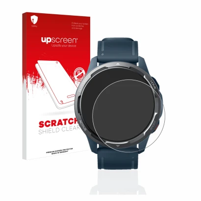 Parte frontal de un envase de producto con el logotipo de la marca upscreen. Al lado se muestra el dispositivo Xiaomi Watch S1
