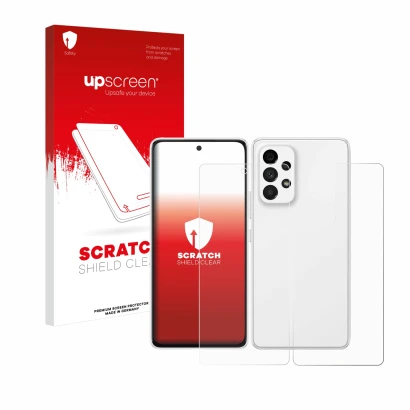 Parte frontal de un envase de producto con el logotipo de la marca upscreen. Al lado se muestra el dispositivo Samsung Galaxy 