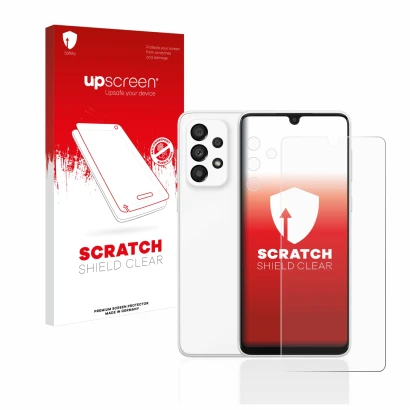 Parte frontal de un envase de producto con el logotipo de la marca upscreen. Al lado se muestra el dispositivo Samsung Galaxy
