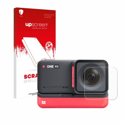 Parte frontal de un envase de producto con el logotipo de la marca upscreen. Al lado se muestra el dispositivo Insta360 One RS