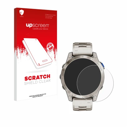 Parte frontal de un envase de producto con el logotipo de la marca upscreen. Al lado se muestra el dispositivo Garmin D2 Mach 