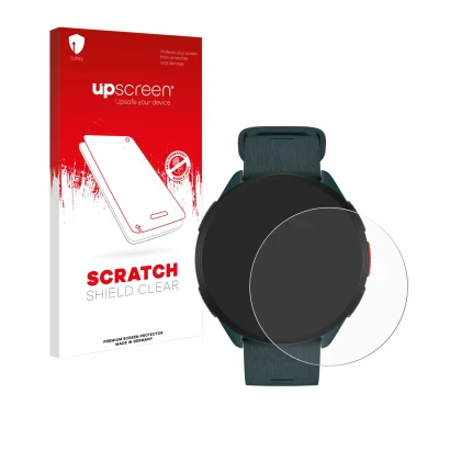 Parte frontal de un envase de producto con el logotipo de la marca upscreen. Al lado se muestra el dispositivo Polar Pacer con