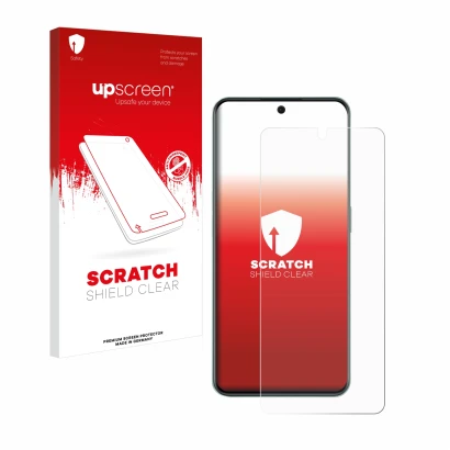 Parte frontal de un envase de producto con el logotipo de la marca upscreen. Al lado se muestra el dispositivo OnePlus 10R con