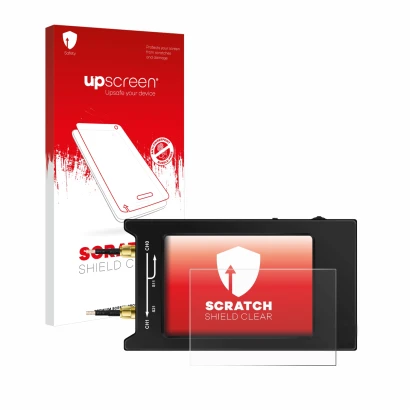 Parte frontal de un envase de producto con el logotipo de la marca upscreen. Al lado se muestra el dispositivo NanoVNA H4 con