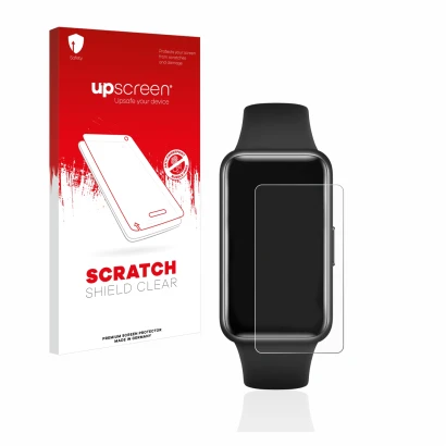 Parte frontal de un envase de producto con el logotipo de la marca upscreen. Al lado se muestra el dispositivo Huawei Band 7 c