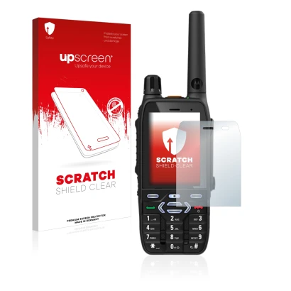 Parte frontal de un envase de producto con el logotipo de la marca upscreen. Al lado se muestra el dispositivo Motorola MXP600