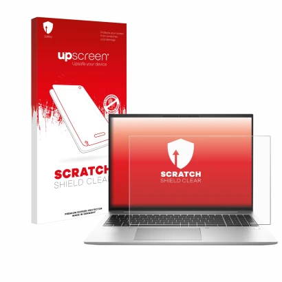 Parte frontal de un envase de producto con el logotipo de la marca upscreen. Al lado se muestra el dispositivo HP EliteBook 84