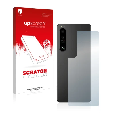 Parte frontal de un envase de producto con el logotipo de la marca upscreen. Al lado se muestra el dispositivo Sony Xperia 1 I