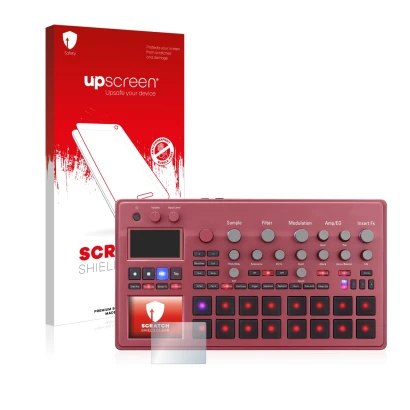 Parte frontal de un envase de producto con el logotipo de la marca upscreen. Al lado se muestra el dispositivo KORG electribe 