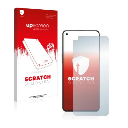 Parte frontal de un envase de producto con el logotipo de la marca upscreen. Al lado se muestra el dispositivo OnePlus Nord 2T