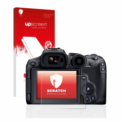 Parte frontal de un envase de producto con el logotipo de la marca upscreen. Al lado se muestra el dispositivo Canon EOS R7 co