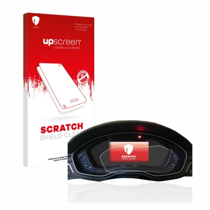 Parte frontal de un envase de producto con el logotipo de la marca upscreen. Al lado se muestra el dispositivo Audi A4 B9 2017