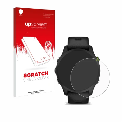 Parte frontal de un envase de producto con el logotipo de la marca upscreen. Al lado se muestra el dispositivo Garmin Forerunn