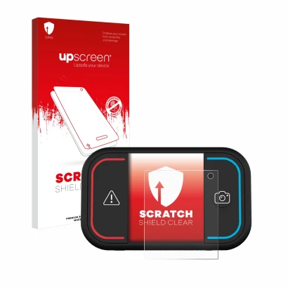 Parte frontal de un envase de producto con el logotipo de la marca upscreen. Al lado se muestra el dispositivo Saphe Drive Min