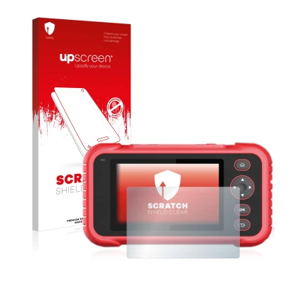 Parte frontal de un envase de producto con el logotipo de la marca upscreen. Al lado se muestra el dispositivo Launch CRP 123