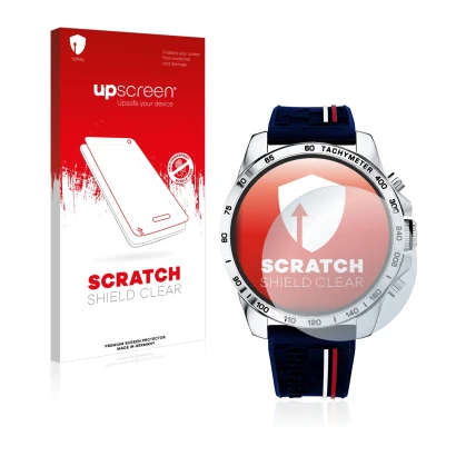 Parte frontal de un envase de producto con el logotipo de la marca upscreen. Al lado se muestra el dispositivo Tommy Hilfiger 