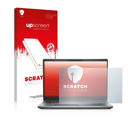 Parte frontal de un envase de producto con el logotipo de la marca upscreen. Al lado se muestra el dispositivo Dell Latitude 5