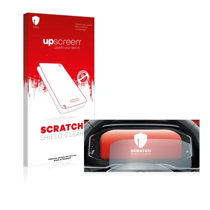 Parte frontal de un envase de producto con el logotipo de la marca upscreen. Al lado se muestra el dispositivo Volkswagen Tigu