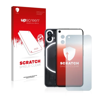 Parte frontal de un envase de producto con el logotipo de la marca upscreen. Al lado se muestra el dispositivo Nothing Phone (