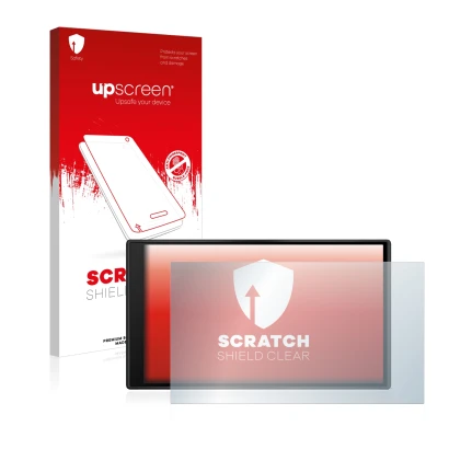 Parte frontal de un envase de producto con el logotipo de la marca upscreen. Al lado se muestra el dispositivo Garmin dezl LGV