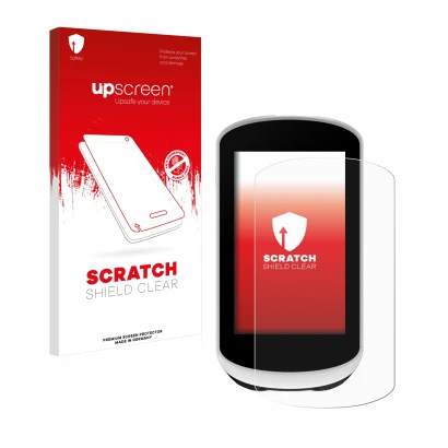 Parte frontal de un envase de producto con el logotipo de la marca upscreen. Al lado se muestra el dispositivo Garmin Edge Exp