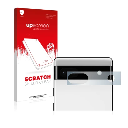 Parte frontal de un envase de producto con el logotipo de la marca upscreen. Al lado se muestra el dispositivo Google Pixel 6a