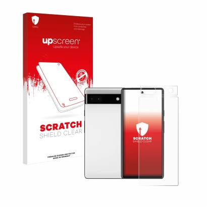 Parte frontal de un envase de producto con el logotipo de la marca upscreen. Al lado se muestra el dispositivo Google Pixel 6a