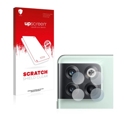 Parte frontal de un envase de producto con el logotipo de la marca upscreen. Al lado se muestra el dispositivo OnePlus 10T 5G