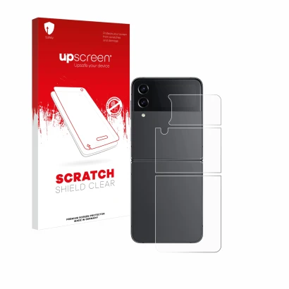 Parte frontal de un envase de producto con el logotipo de la marca upscreen. Al lado se muestra el dispositivo Samsung Galaxy