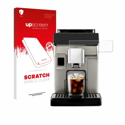 Parte frontal de un envase de producto con el logotipo de la marca upscreen. Al lado se muestra el dispositivo DeLonghi Eletta