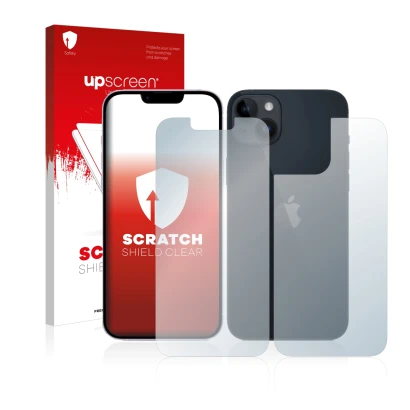 Parte frontal de un envase de producto con el logotipo de la marca upscreen. Al lado se muestra el dispositivo Apple iPhone 14