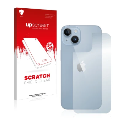 Parte frontal de un envase de producto con el logotipo de la marca upscreen. Al lado se muestra el dispositivo Apple iPhone 14