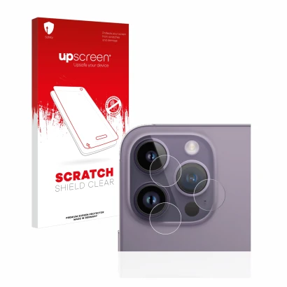 Parte frontal de un envase de producto con el logotipo de la marca upscreen. Al lado se muestra el dispositivo Apple iPhone 14