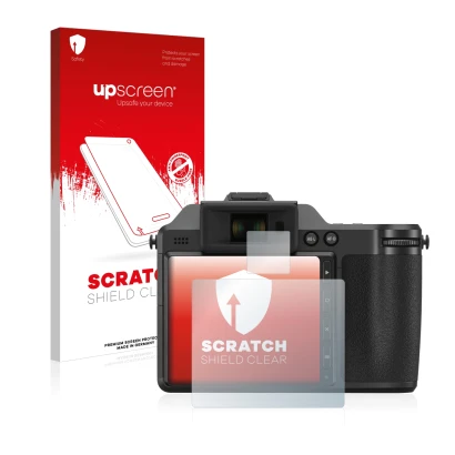 Parte frontal de un envase de producto con el logotipo de la marca upscreen. Al lado se muestra el dispositivo Hasselblad X2D