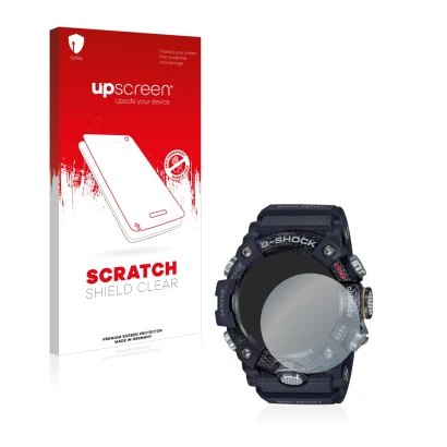 Parte frontal de un envase de producto con el logotipo de la marca upscreen. Al lado se muestra el dispositivo Casio G-Shock M