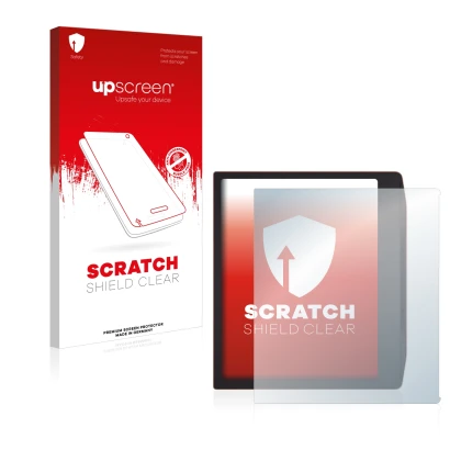 Parte frontal de un envase de producto con el logotipo de la marca upscreen. Al lado se muestra el dispositivo PocketBook Era 
