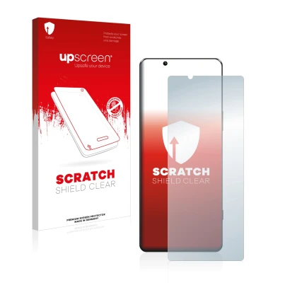 Parte frontal de un envase de producto con el logotipo de la marca upscreen. Al lado se muestra el dispositivo Sony Xperia 5 I