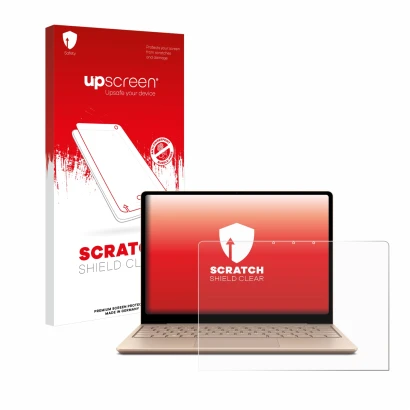 Parte frontal de un envase de producto con el logotipo de la marca upscreen. Al lado se muestra el dispositivo Microsoft Surfa