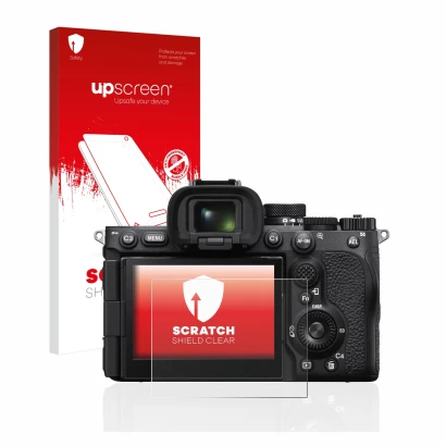 Parte frontal de un envase de producto con el logotipo de la marca upscreen. Al lado se muestra el dispositivo Sony Alpha 7R V