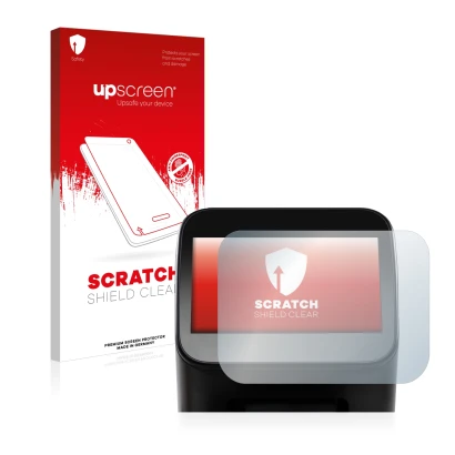 Parte frontal de un envase de producto con el logotipo de la marca upscreen. Al lado se muestra el dispositivo Shaper Origin G