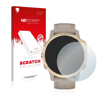 Parte frontal de un envase de producto con el logotipo de la marca upscreen. Al lado se muestra el dispositivo Garmin Fenix 6S