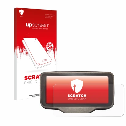 Parte frontal de un envase de producto con el logotipo de la marca upscreen. Al lado se muestra el dispositivo Horwin SK3 con
