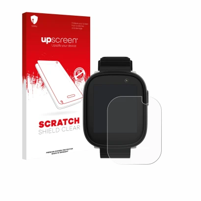 Parte frontal de un envase de producto con el logotipo de la marca upscreen. Al lado se muestra el dispositivo Xplora X6 Play 