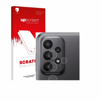 Parte frontal de un envase de producto con el logotipo de la marca upscreen. Al lado se muestra el dispositivo Samsung Galaxy 